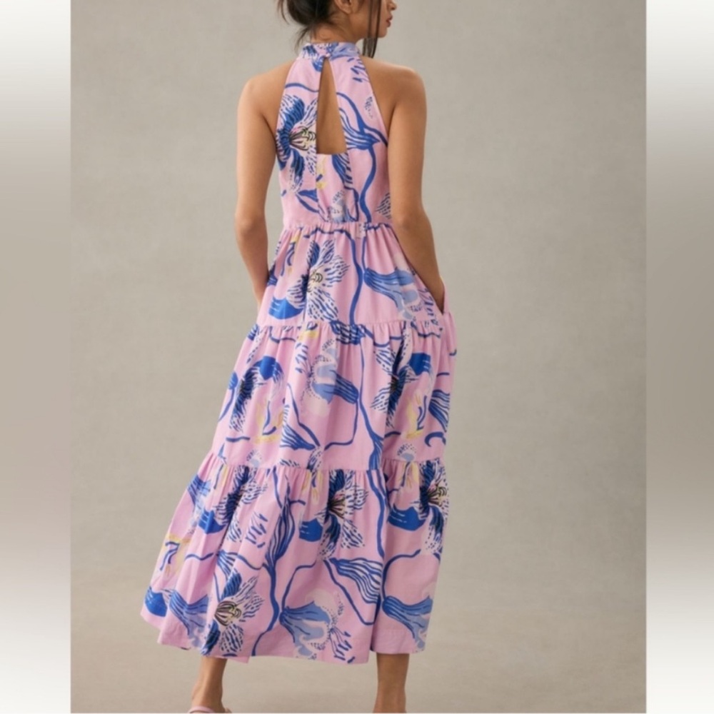 Anthro x Sarah Gordon tiered halter midi dress in lavender lilac blue floral - Picture 2 of 11